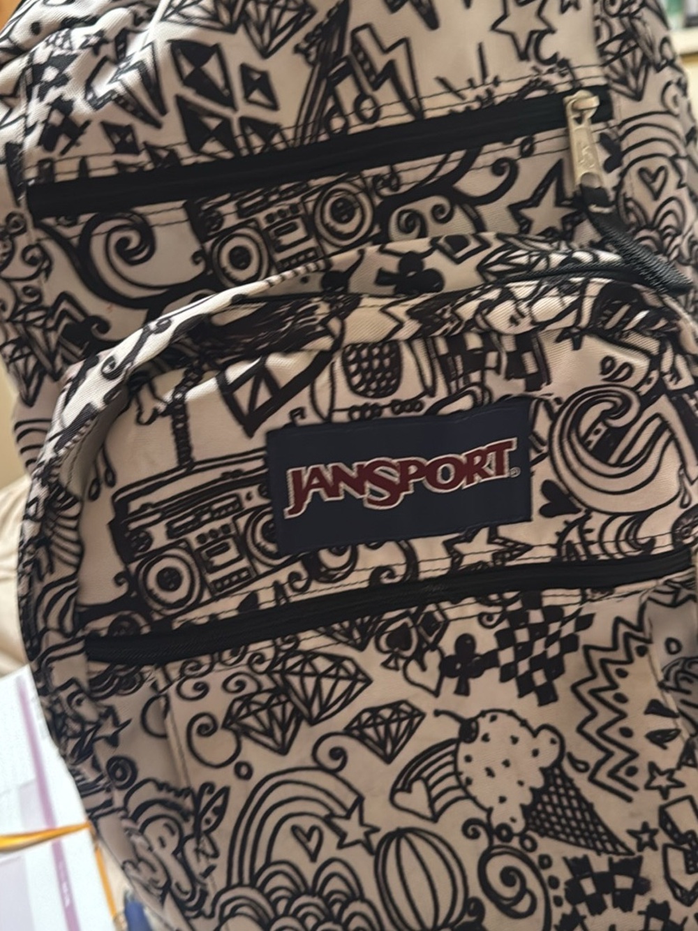 JanSport Black & White Doodle Backpack — Used/Good Condition